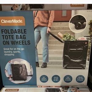 NIB CleverMade Foldable Tote Bag on Wheels - Black, New